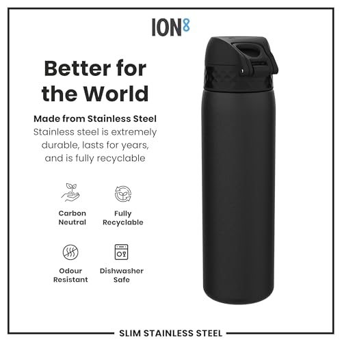 ION8 Steel Water Bottle, 600 ml/20 oz, Leak Proof, Easy to Open, Secure Lock, Dishwasher Safe, Hygienic Flip Cover, Fits Cup Holders, Carry Handle, Durable, Scratch Resistant, Carbon Neutral, Black - Image 5
