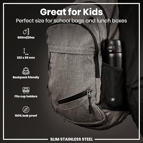 ION8 Steel Water Bottle, 600 ml/20 oz, Leak Proof, Easy to Open, Secure Lock, Dishwasher Safe, Hygienic Flip Cover, Fits Cup Holders, Carry Handle, Durable, Scratch Resistant, Carbon Neutral, Black - Image 2