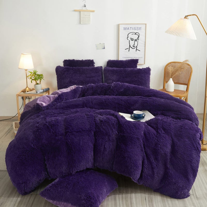 XeGe Plush Shaggy Duvet Cover Set Luxury Ultra Soft Velvet Fluffy Furry Bedding Sets 3 Pieces1 Faux Fur Fuzzy Comforter Cover  2 Faux Fur Throw Pillow Shams Zipper Closure Queen Purple