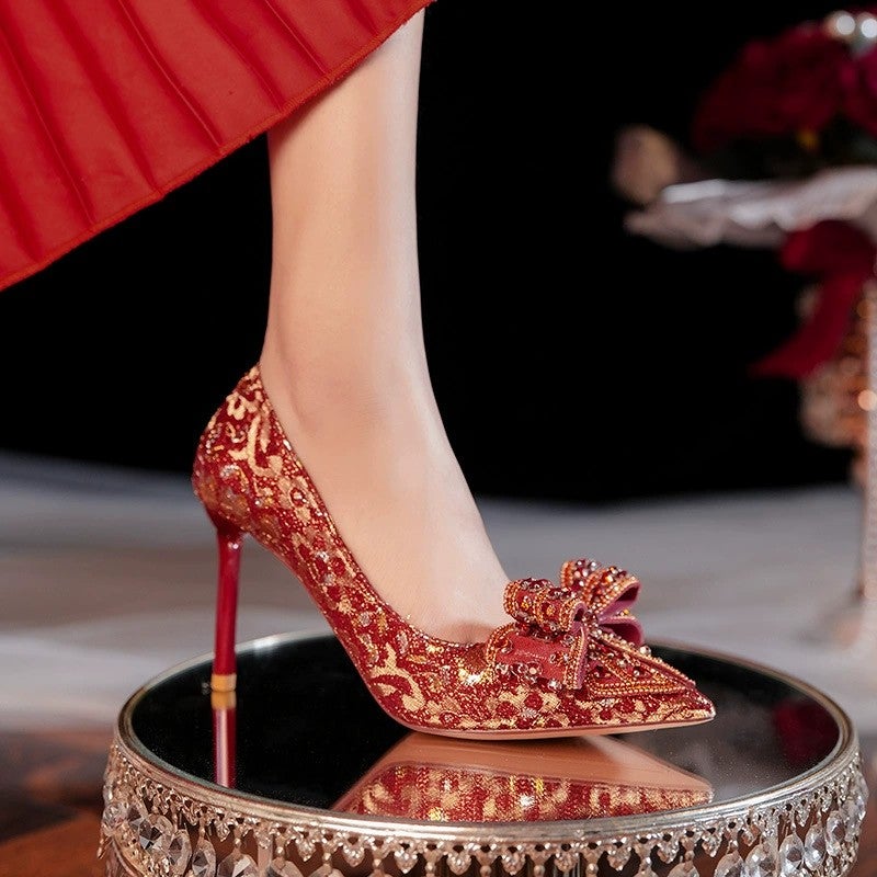 Pumps Pointed Toe Stiletto Satin Gold Women's Shoes - Image 2