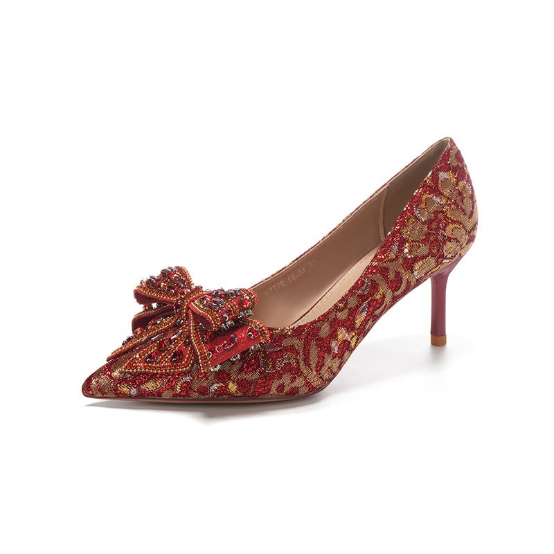 Pumps Pointed Toe Stiletto Satin Gold Women's Shoes - Image 1