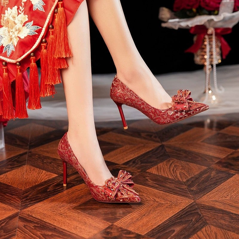 Pumps Pointed Toe Stiletto Satin Gold Women's Shoes - Image 5