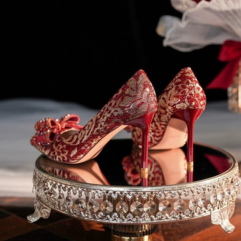 Pumps Pointed Toe Stiletto Satin Gold Women's Shoes - Image 3