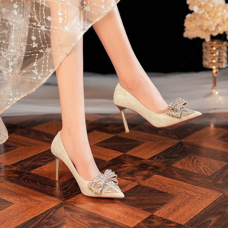 Pumps Pointed Toe Stiletto Satin Gold Women's Shoes - Image 4