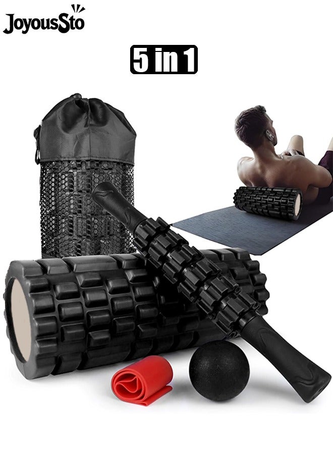 متجر الفرح مجموعة أسطوانة إسفنجية 5 في 1 لليوجا والبيلاتس وتدليك الأنسجة العميقة للعضلات والعلاج الطبيعي وتمارين اللياقة البدنية لنقاط الزناد، أسطوانة إسفنجية، أسطوانة تدليك، كرة تدليك، حزام تمدد، للجسم بالكامل، لون أسود - Image 1