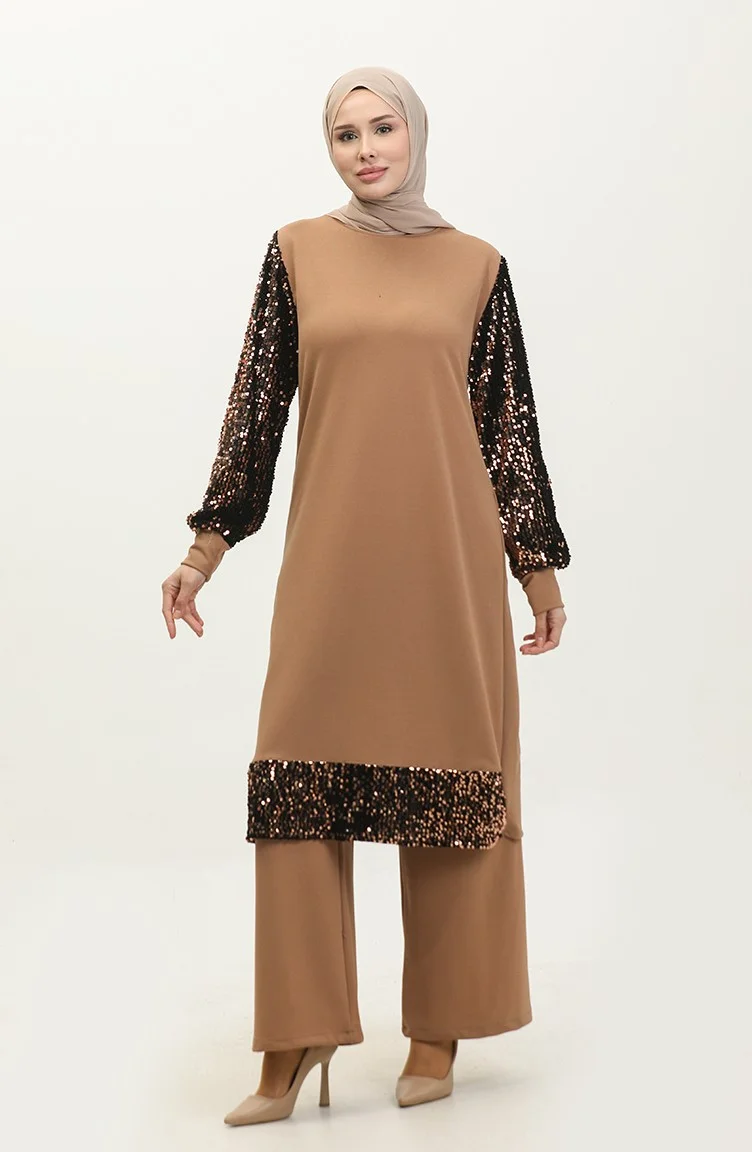 Sefa Merve Sequined Evening Dress Tunic Trousers Two Piece Set 0318-01 Milky Coffee