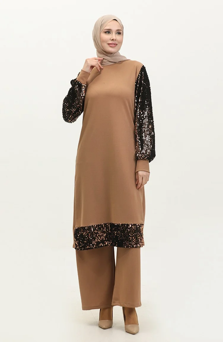 Sefa Merve Sequined Evening Dress Tunic Trousers Two Piece Set 0318-01 Milky Coffee