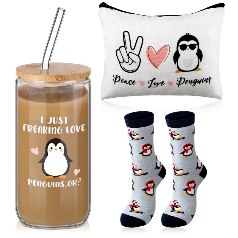 Layhit 3 Pcs Penguins Gifts For Women Thank You Gift 16 Oz Penguins Coffee Glass Penguin Love Cosmetic Makeup Bag Cute Penguin Socks For Graduation Nurse Day Mother'S Day Gift - Image 1
