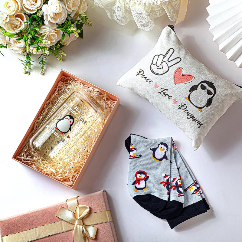 Layhit 3 Pcs Penguins Gifts For Women Thank You Gift 16 Oz Penguins Coffee Glass Penguin Love Cosmetic Makeup Bag Cute Penguin Socks For Graduation Nurse Day Mother'S Day Gift - Image 4