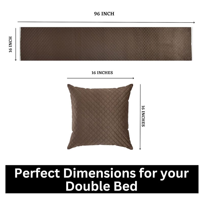 HOMADORN HOMADORN Premium Velvet Quilted Set of Bed Runner 16 x 96 inches and 2 Cushion Covers 16 x 16 inches Combo Set Brown  - Image 5