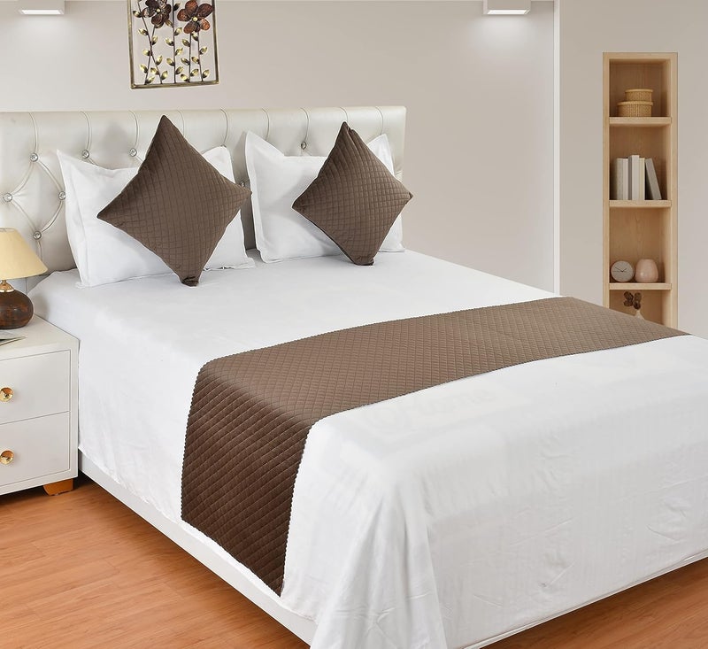 HOMADORN HOMADORN Premium Velvet Quilted Set of Bed Runner 16 x 96 inches and 2 Cushion Covers 16 x 16 inches Combo Set Brown  - Image 1
