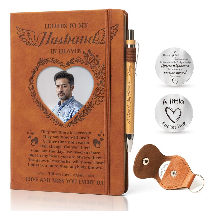 EliteSign Letters to My Husband in Heaven:3 Pcs Memorial Gifts for Loss of Husband A5 Grief Journal 200 Pages Travel Diary with Heart Photo Window in Cover Remembrance Pocket Hug PU Leather Keychain & Pen - Image 1