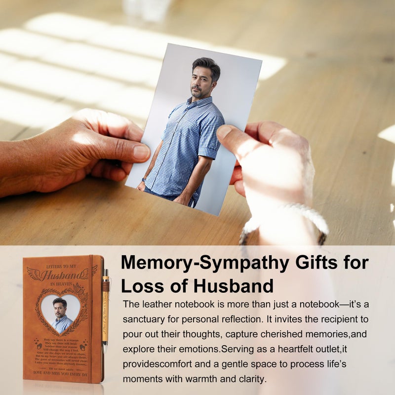 EliteSign Letters to My Husband in Heaven:3 Pcs Memorial Gifts for Loss of Husband A5 Grief Journal 200 Pages Travel Diary with Heart Photo Window in Cover Remembrance Pocket Hug PU Leather Keychain & Pen - Image 2