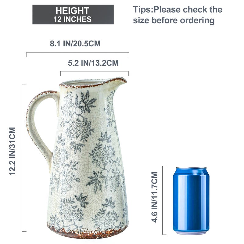Enra Blue and White vase with Handle,12.2 inch Ceramic Vintage Decorative Flower Pitcher vase, Large Rustic Vases for Home Decors, Living Room, Bookshelf, Office - Image 3