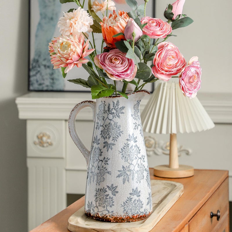 Enra Blue and White vase with Handle,12.2 inch Ceramic Vintage Decorative Flower Pitcher vase, Large Rustic Vases for Home Decors, Living Room, Bookshelf, Office - Image 2