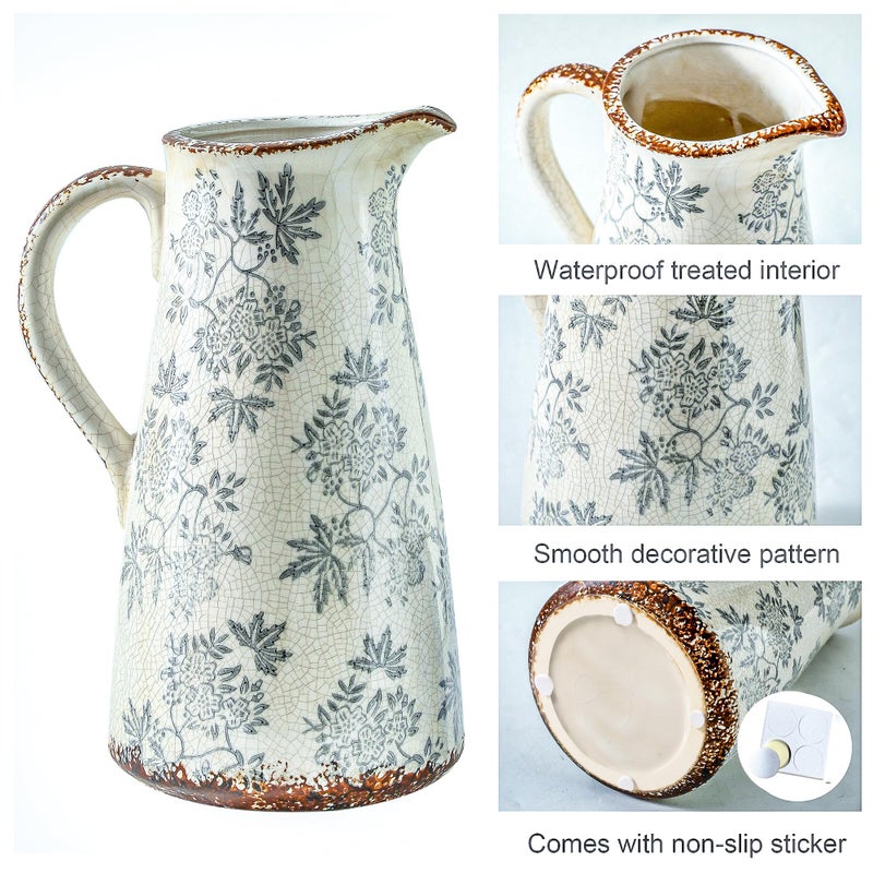 Enra Blue and White vase with Handle,12.2 inch Ceramic Vintage Decorative Flower Pitcher vase, Large Rustic Vases for Home Decors, Living Room, Bookshelf, Office - Image 4