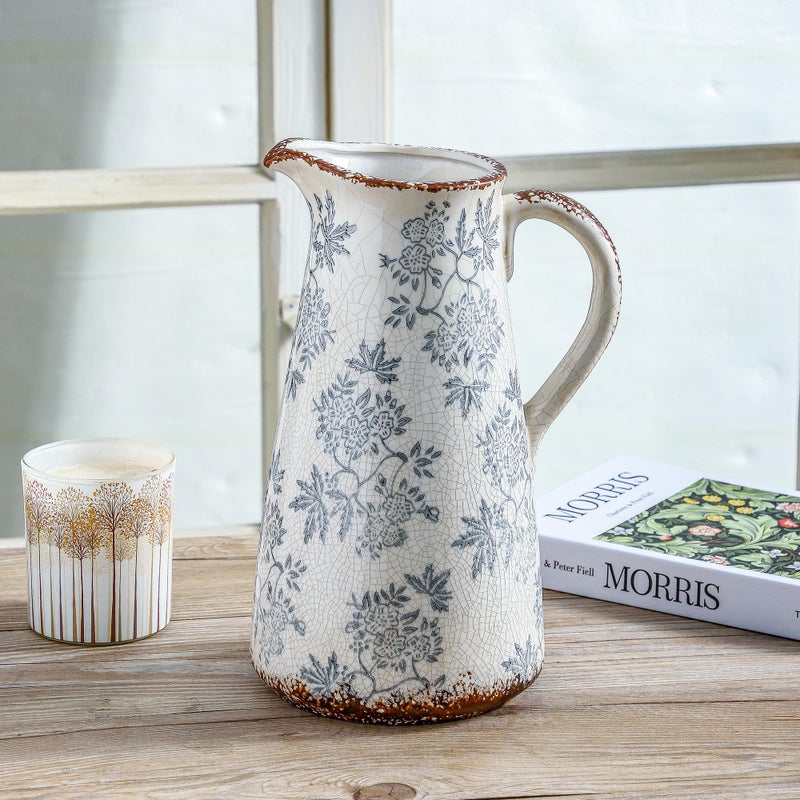 Enra Blue and White vase with Handle,12.2 inch Ceramic Vintage Decorative Flower Pitcher vase, Large Rustic Vases for Home Decors, Living Room, Bookshelf, Office - Image 5