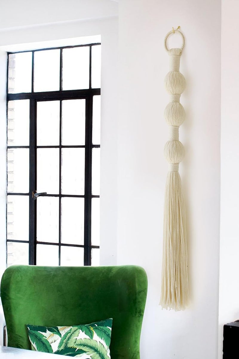 IOWER Macrame Wall Hanging Small Sphericity Cotton Textile Tassel Wall Hanging Fiber Yarn Art for Living Room Bedroom 27'' L x 2.3'' W - Image 2