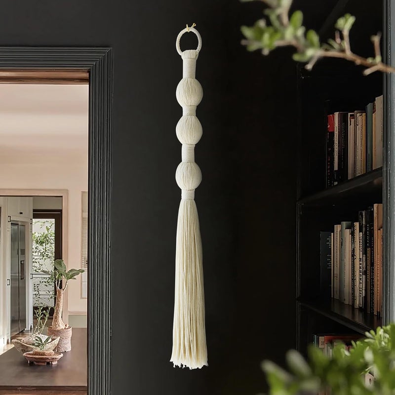 IOWER Macrame Wall Hanging Small Sphericity Cotton Textile Tassel Wall Hanging Fiber Yarn Art for Living Room Bedroom 27'' L x 2.3'' W - Image 1