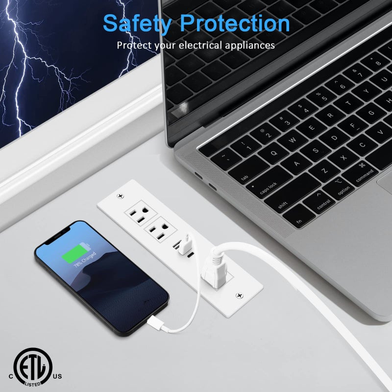 HEZI Recessed Power Strip, Furniture Drawer Outlet with 20W PD USB-C & 18W QC3.0 USB-A, Plug in 3 Outlets & USB Ports, Flush Mount 6FT White Extension Cord Conference Desk Outlets - Image 5