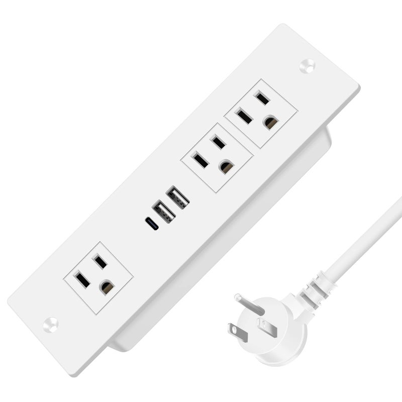 HEZI Recessed Power Strip, Furniture Drawer Outlet with 20W PD USB-C & 18W QC3.0 USB-A, Plug in 3 Outlets & USB Ports, Flush Mount 6FT White Extension Cord Conference Desk Outlets - Image 1