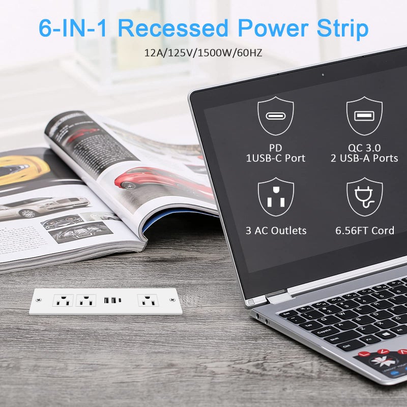 HEZI Recessed Power Strip, Furniture Drawer Outlet with 20W PD USB-C & 18W QC3.0 USB-A, Plug in 3 Outlets & USB Ports, Flush Mount 6FT White Extension Cord Conference Desk Outlets - Image 2