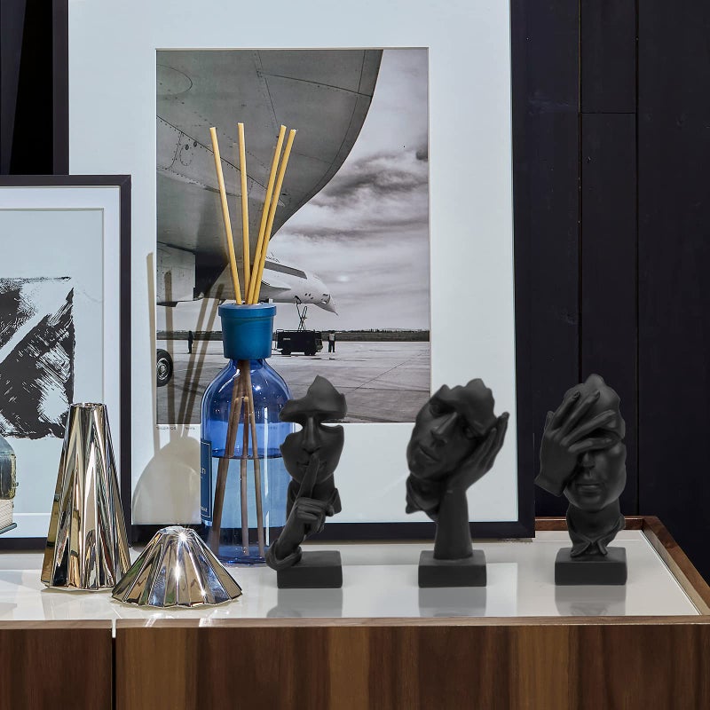 prosfalt 3 Pcs Thinker Statue, Silence is Gold Abstract Art Figurine, No Hear No See No Speak Modern Home Resin Sculptures Decorative Objects Decor for Home Office Bookshelf Desktop(Black) (A-41) - Image 3