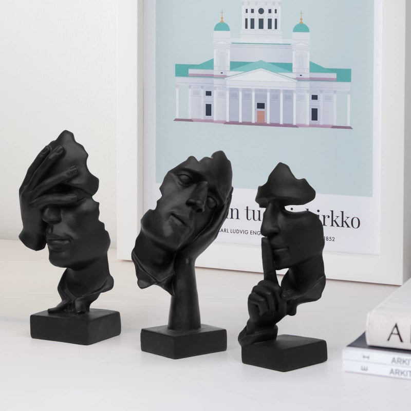 prosfalt 3 Pcs Thinker Statue, Silence is Gold Abstract Art Figurine, No Hear No See No Speak Modern Home Resin Sculptures Decorative Objects Decor for Home Office Bookshelf Desktop(Black) (A-41) - Image 4