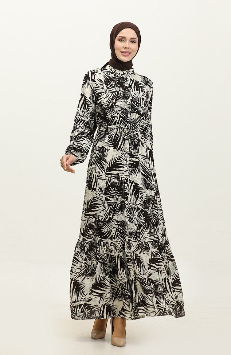 Sefa Merve Rana Palm Pattern Viscose Dress 0342-03 Brown Beige  - Image 1
