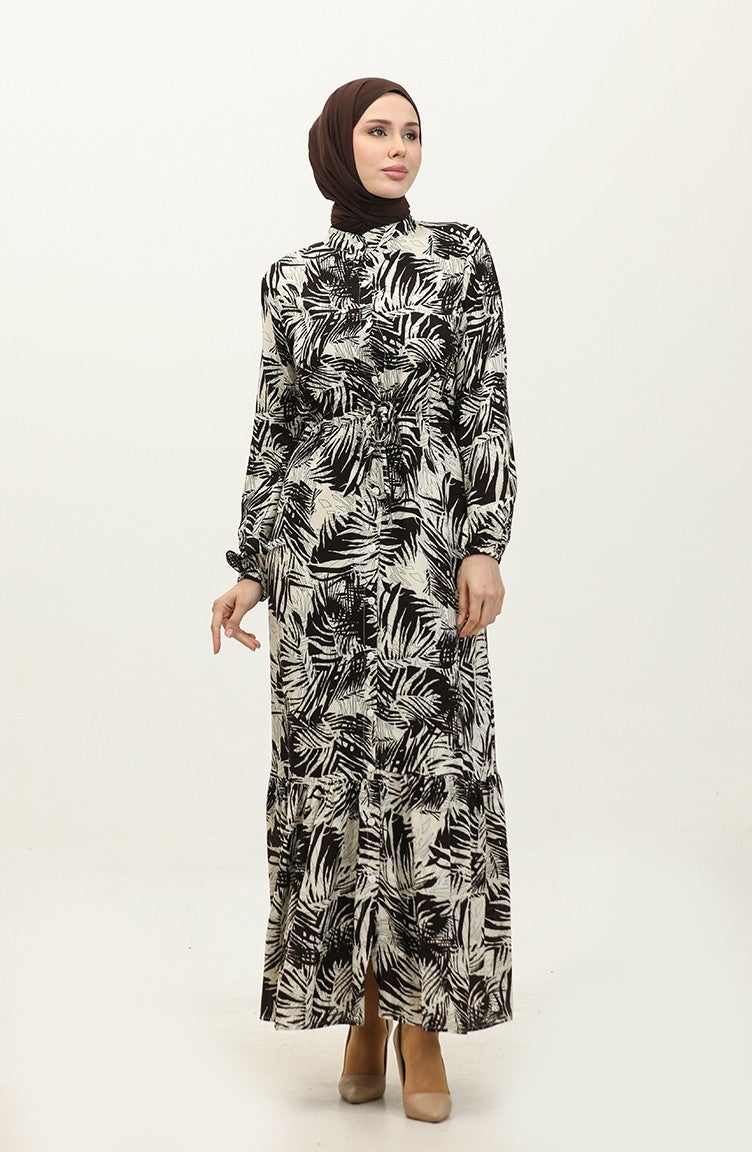 Sefa Merve Rana Palm Pattern Viscose Dress 0342-03 Brown Beige  - Image 2