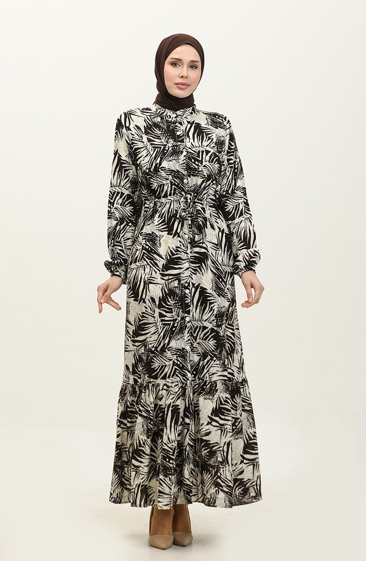 Sefa Merve Rana Palm Pattern Viscose Dress 0342-03 Brown Beige  - Image 3