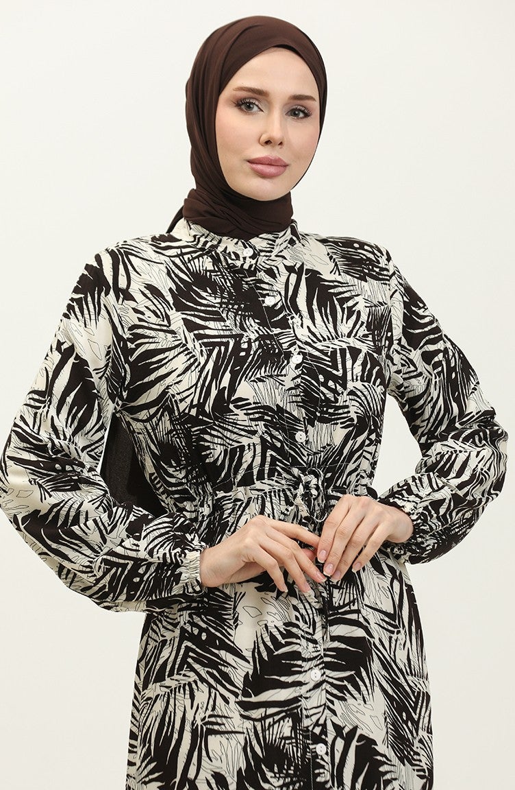 Sefa Merve Rana Palm Pattern Viscose Dress 0342-03 Brown Beige  - Image 4
