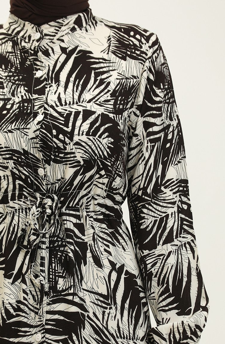 Sefa Merve Rana Palm Pattern Viscose Dress 0342-03 Brown Beige  - Image 5
