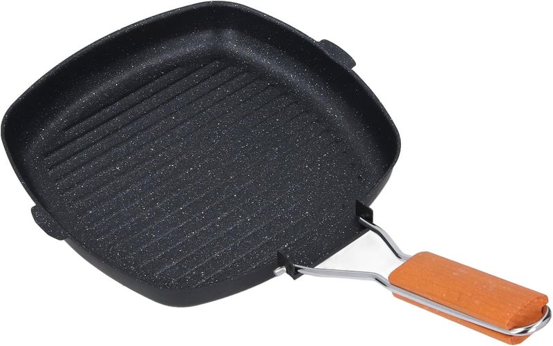 Ribbed Fy Pan Maifan Stone Nonstick Grill Pan Skillet with Foldable Wooden Handle Indoor Cooking Griddle for Gas Induction Ribbed for Even Heat Grill Marks 44x26.5cm - Image 4