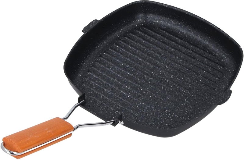 Ribbed Fy Pan Maifan Stone Nonstick Grill Pan Skillet with Foldable Wooden Handle Indoor Cooking Griddle for Gas Induction Ribbed for Even Heat Grill Marks 44x26.5cm - Image 3