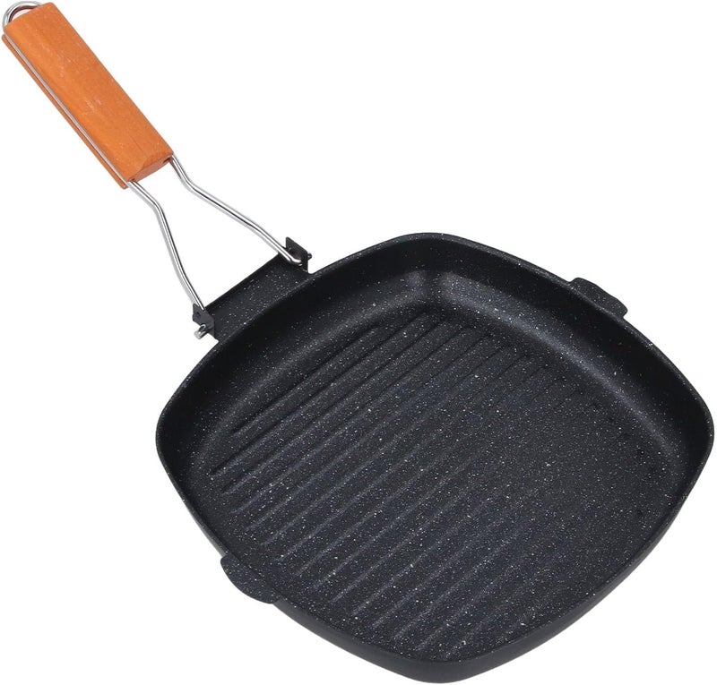 Ribbed Fy Pan Maifan Stone Nonstick Grill Pan Skillet with Foldable Wooden Handle Indoor Cooking Griddle for Gas Induction Ribbed for Even Heat Grill Marks 44x26.5cm - Image 5