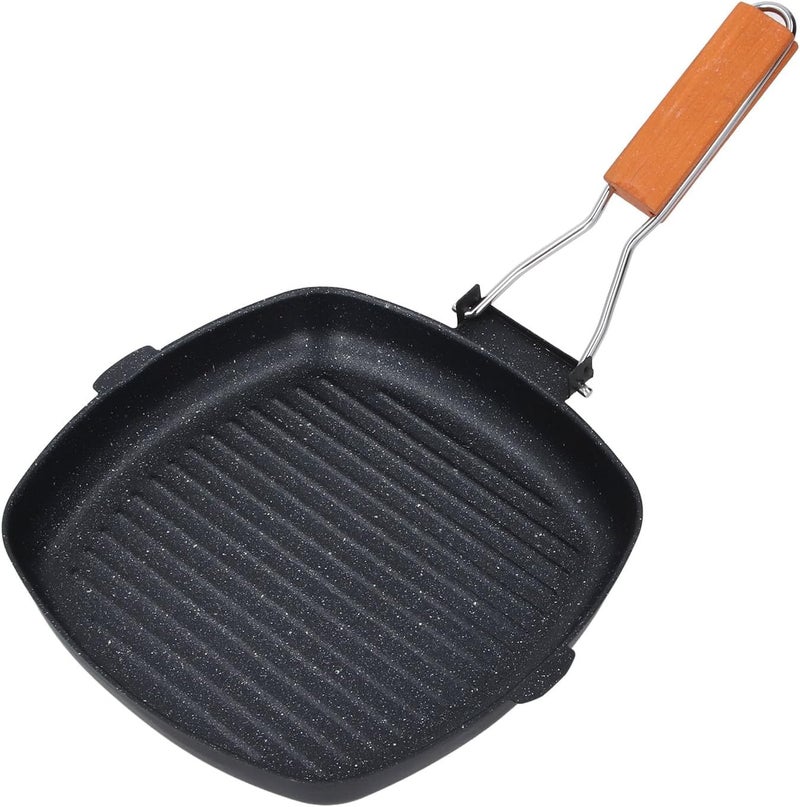 Ribbed Fy Pan Maifan Stone Nonstick Grill Pan Skillet with Foldable Wooden Handle Indoor Cooking Griddle for Gas Induction Ribbed for Even Heat Grill Marks 44x26.5cm - Image 2