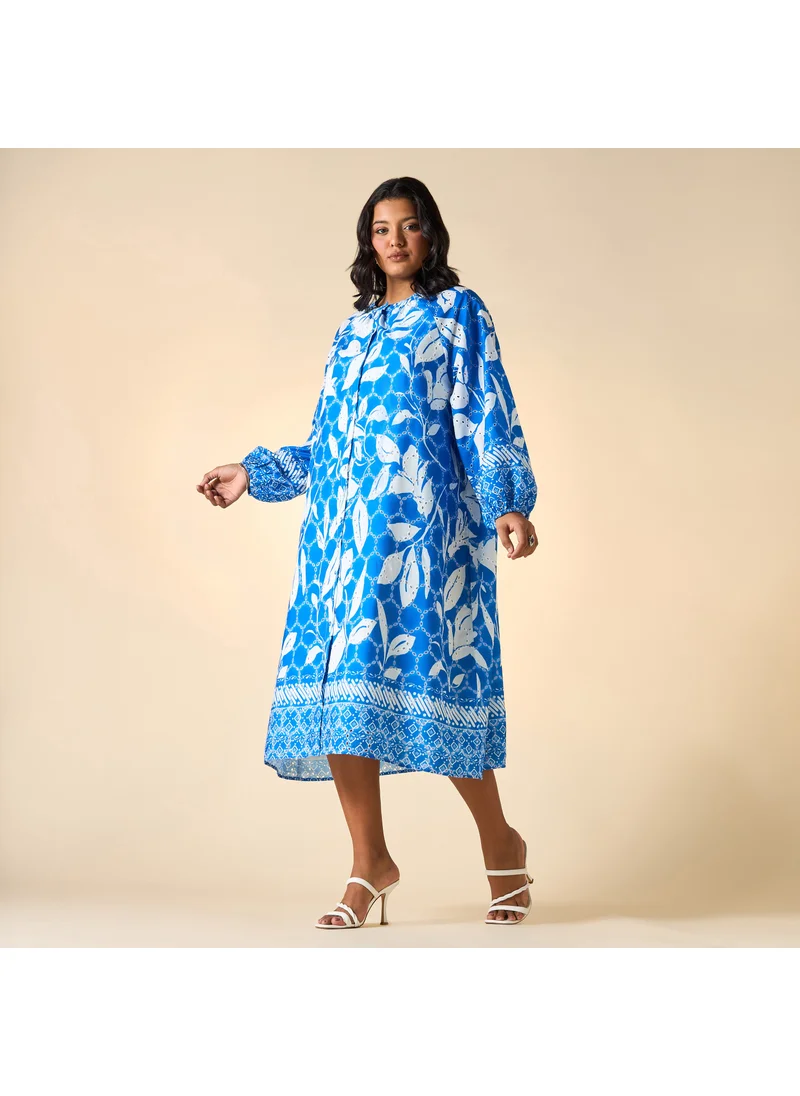 Ulla Popken Plus Size Ulla Popken All-Over Print Dress with Volume Sleeves