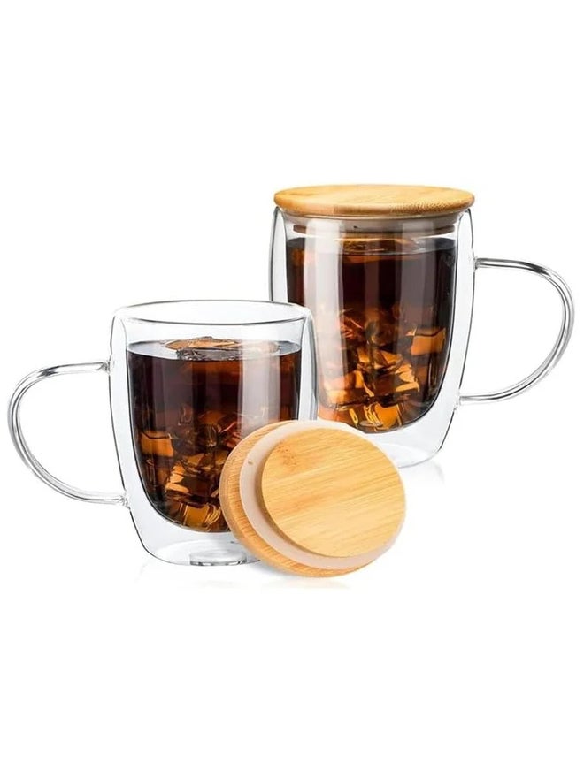 1CHASE Set of 2 - Double Walled Glass Coffee Cups with Handle and with Bamboo Lid, 250ml - Image 2