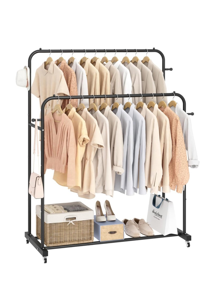 MIXDE Double Rod Clothes Rack, Multifunctional Clothes Hanging Rack with Wheels, Garment Rack with Side Hooks, Easy to Assemble, for Home Office Bedroom Hanging Clothes - Image 1