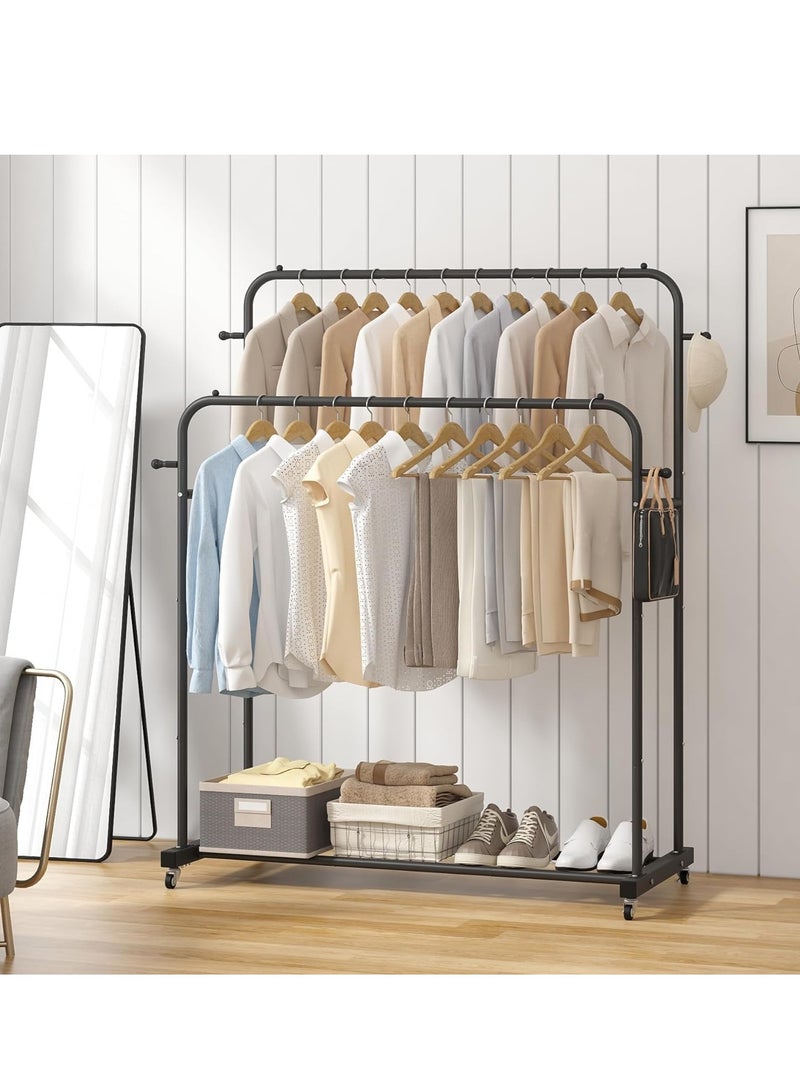 MIXDE Double Rod Clothes Rack, Multifunctional Clothes Hanging Rack with Wheels, Garment Rack with Side Hooks, Easy to Assemble, for Home Office Bedroom Hanging Clothes - Image 2