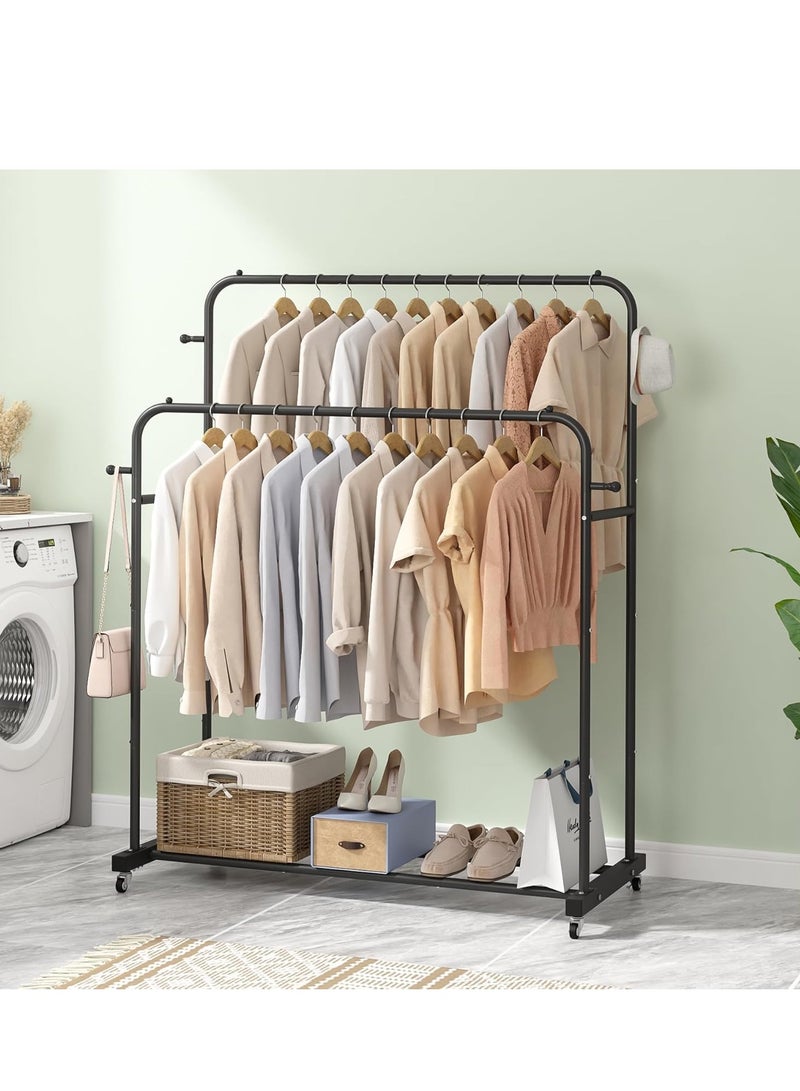 MIXDE Double Rod Clothes Rack, Multifunctional Clothes Hanging Rack with Wheels, Garment Rack with Side Hooks, Easy to Assemble, for Home Office Bedroom Hanging Clothes - Image 3