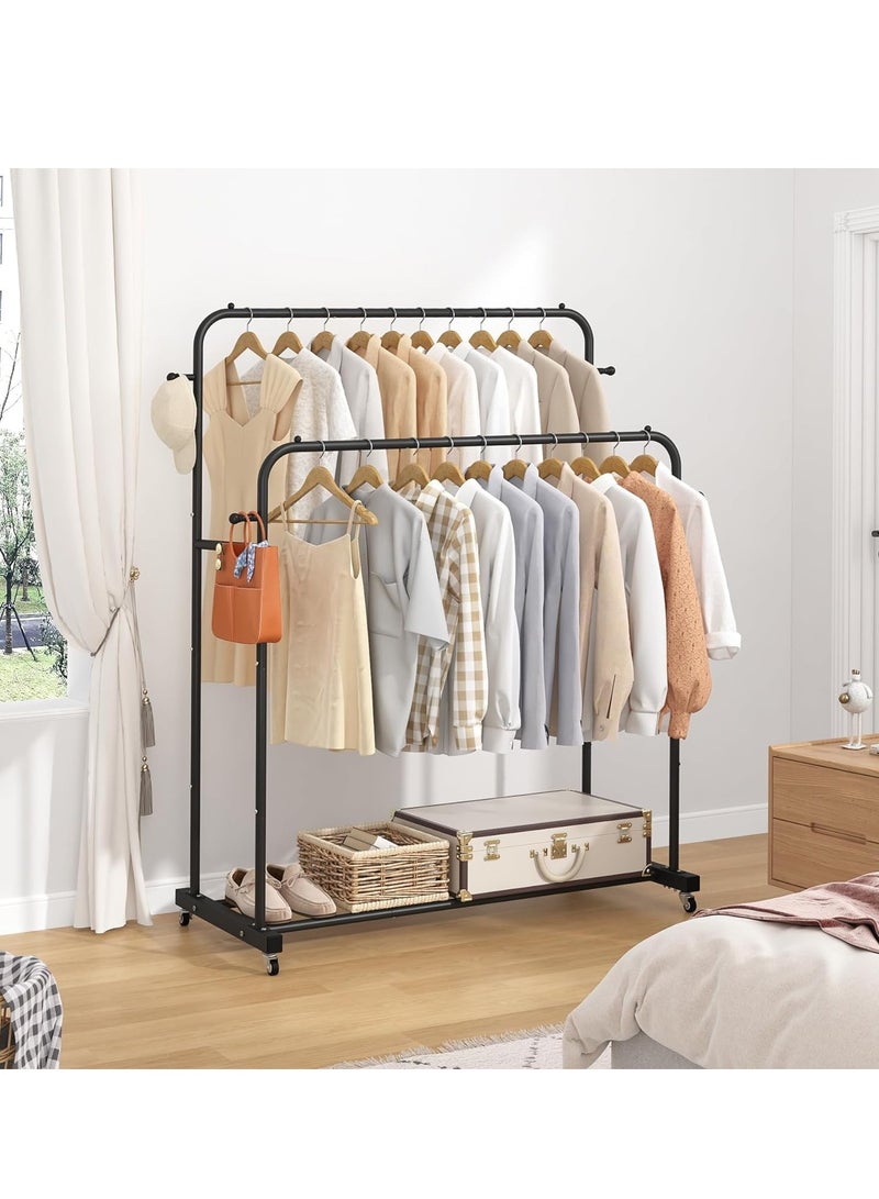MIXDE Double Rod Clothes Rack, Multifunctional Clothes Hanging Rack with Wheels, Garment Rack with Side Hooks, Easy to Assemble, for Home Office Bedroom Hanging Clothes - Image 4