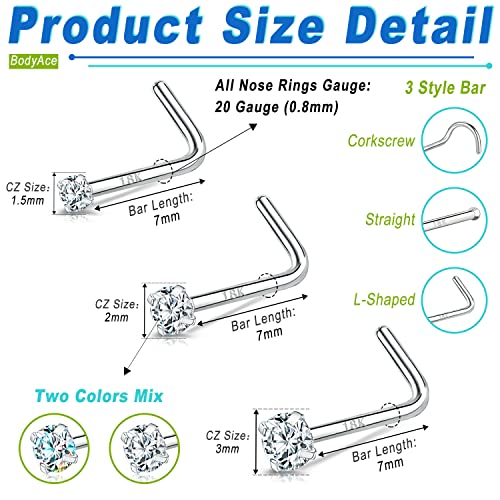 BodyAce 18K White Gold Nose Rings for Women Men, 20g Real Solid 18k Nose Rings Studs, Simulated Diamond Nose Piercing Jewelry 1.5mm 2mm 3mm (A:Bone) - Image 2