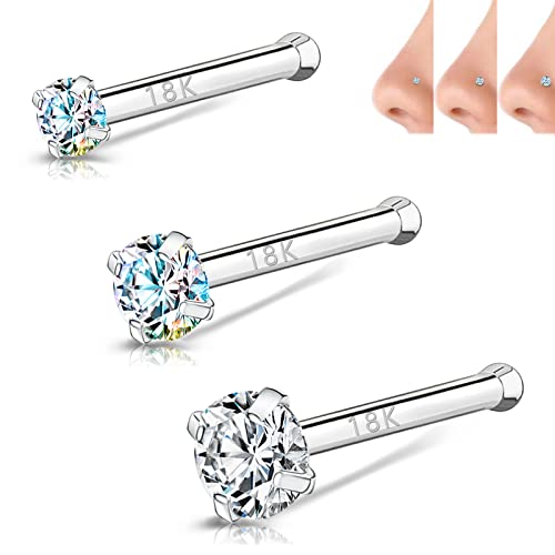 BodyAce 18K White Gold Nose Rings for Women Men, 20g Real Solid 18k Nose Rings Studs, Simulated Diamond Nose Piercing Jewelry 1.5mm 2mm 3mm (A:Bone) - Image 1