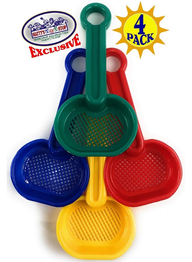 Matty's Toy Stop 7.5" Plastic Sand Sifter Shovels For Kids (Red Blue Green & Yellow) Complete Gift Set Party Bundle 4 Pack - Image 4