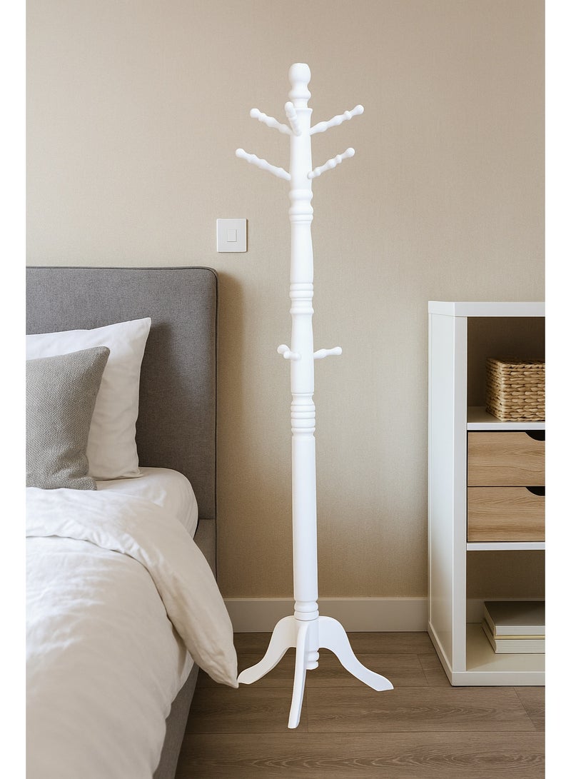 اي اف تي رف معطف خشبي قائم بذاته، مدخل، حامل معطف مع 9 خطافات وقاعدة ثابتة ثلاثية الأرجل، شماعة معطف شجرة معطف خشبي مطاطي لمدخل قاعة المكتب المنزلي، يستخدم في مكتب غرفة النوم وغرفة المعيشة لتعليق الملابس والقبعات والحقائب (أبيض) عرفان - Image 1