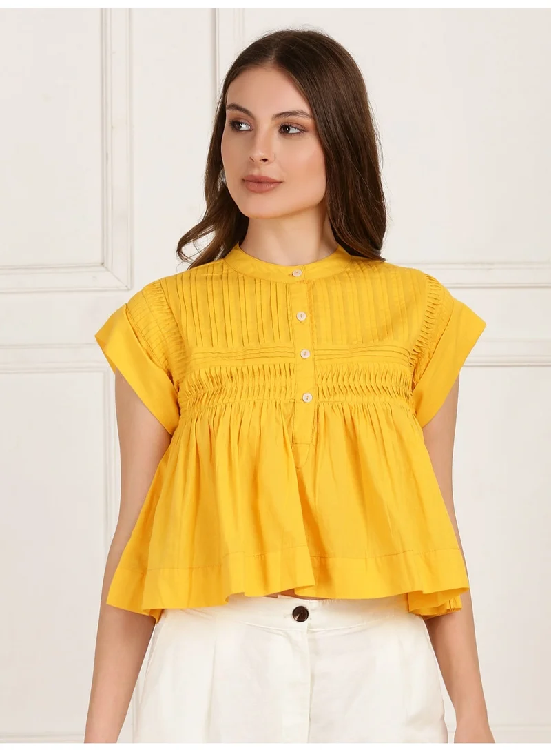 Globus Women Yellow Mandarin Collar Gathered & Pleated Detail Cap Sleeve Top