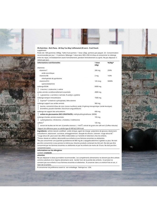 5% Nutrition Rich Piana AllDayYouMay Caffeinated BCAA Energy Powder | Premium Pre Workout Amino Energy & Electrolytes | Hydration, Endurance & Recovery | 16.08 oz, 25 Servings (Fruit Punch) - Image 3