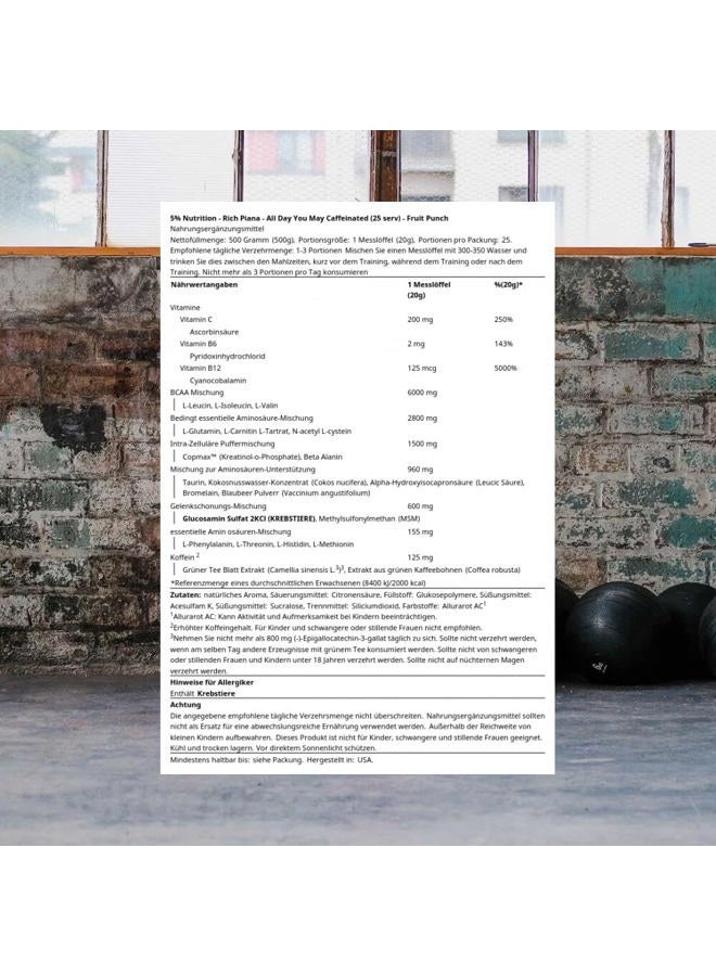 5% Nutrition Rich Piana AllDayYouMay Caffeinated BCAA Energy Powder | Premium Pre Workout Amino Energy & Electrolytes | Hydration, Endurance & Recovery | 16.08 oz, 25 Servings (Fruit Punch) - Image 4